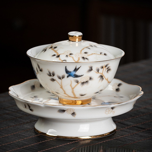 Service à thé complet en porcelaine blanche Yangzhi Jade, <span class=keywords><strong>bol</strong></span> à thé Kung Fu haut de gamme en céramique avec couvercle, modèle Three Talent - Product Image 2