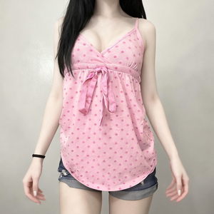 Sweet Girl Style Hot Pink Polka Dot Print <b>Tie</b> Front Cami Top Sexy A Line Hem Sleeveless Top - Product Image 4