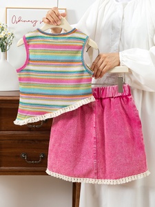Ensemble de vêtements décontractés pour filles, 2 pièces, <span class=keywords><strong>haut</strong></span> sans manches à franges rayées colorées, jupe en jean <span class=keywords><strong>rose</strong></span> - Product Image 2