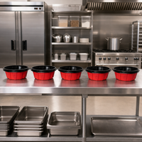 Conteneur rond pour fruits de mer de 1500 ml de qualité supérieure, jetable, rouge et noir, sans BPA, recyclable, micro-ondable, en plastique avec couvercle