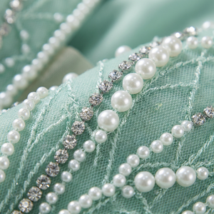 Vestido de Noche Formal Largo hasta el Suelo, Color Verde Menta, Transparente, Tejido, con Cuello en V Profundo, Manga Larga, Adornado con Perlas y Lentejuelas, Corte Sirena, para Fiesta de Graduación - Product Image 2