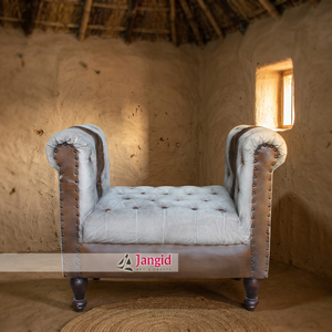 Sofá de un asiento estilo Diwaan vintage, artesanía Jangid, de madera, cuero y tela, hecho a mano, duradero, ecológico, para el hogar, hotel, sala de estar - Product Image 5