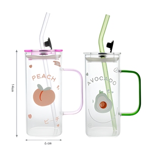 Mug en verre à motif <span class=keywords><strong>de</strong></span> fruits 450 ml avec poignée et paille en verre, tasse à boire en borosilicate pour jus - Product Image 6