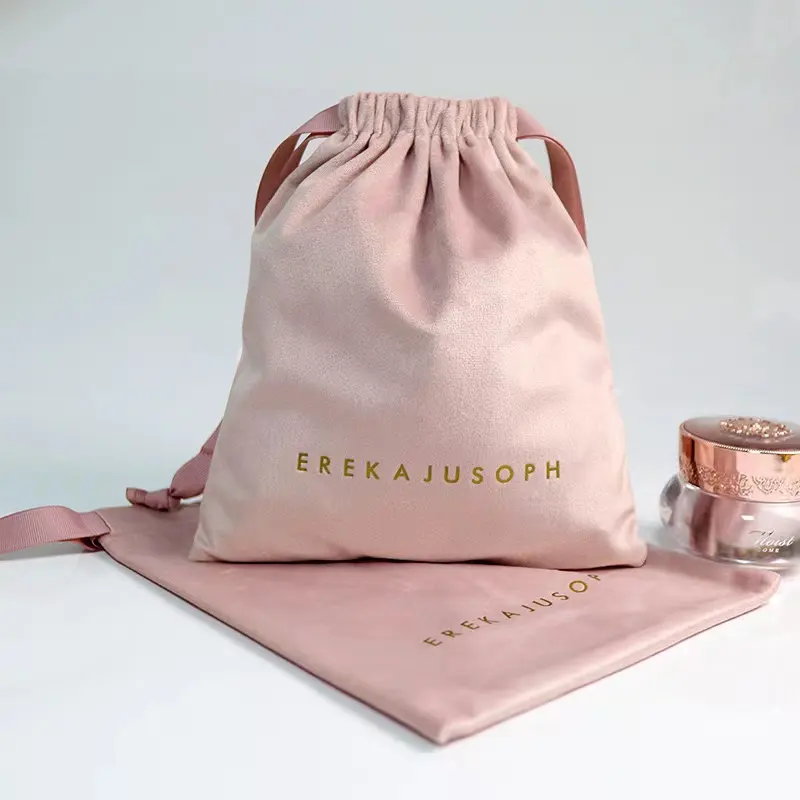 Borsa di lusso in morbido velluto rosa per gioielli con coulisse su misura in velluto polvere regalo confezione cosmetica con Logo personalizzato