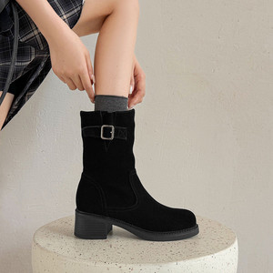 Bottes mi-<span class=keywords><strong>mollet</strong></span> vintage en daim de vache pour femme, collection automne-hiver 2026, avec boucle de ceinture tendance, bout rond, talons mi-hauts de 4,5 <span class=keywords><strong>cm</strong></span>, style western, tailles <span class=keywords><strong>42</strong></span> - Product Image 2