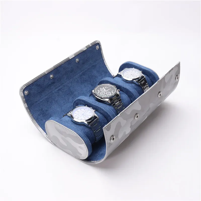 卸売カスタムロゴ3スロット収納ロールアップ本革時計ギフトボックス腕時計用トラベルウォッチケース