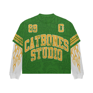 T-shirt a manica lunga a doppio strato con stampa grafica Oversize in <span class=keywords><strong>cotone</strong></span> Premium con maniche a fiamma Hip Hop - Product Image 1