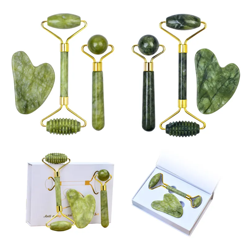 Pure Green Jade Stone Roller And Guasha Massage Kit Light And Dark Green Color Face Roller And Gua Sha Skin Care Beauty Tool Set