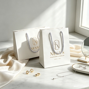 Matte White Paper Shopping Bags Gold Foil Hot Stamping Logo Silver Twisted Paper <b>Rope</b> Handle Luxury Jewelry Pawnshop Gift Bag - Product Image 1