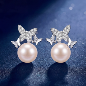 S925 <b>Silver</b> CZ Butterfly Freshwater Pearl <b>Stud</b> Earrings Cute Elegant Jewelry Gift for Women Girls - Product Image 3