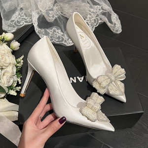 Bride New White Wedding <b>Shoes</b> Women's Stiletto Pointed Toe Satin Pearl Bow High Heels for Ladies - Product Image 5