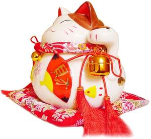 Tirelire en céramique blanche 8 pouces, Maneki Neko, porte-bonheur pour chat, Style ventilateur rouge - Product Image 4