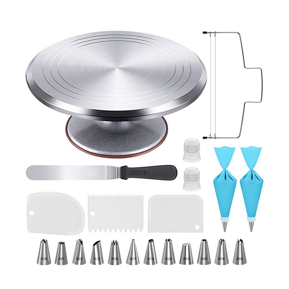 Good quality Cake Decorating Supplies Kit of 22pcs with 12 Inch Aluminum Alloy Revolving Cake Turntable