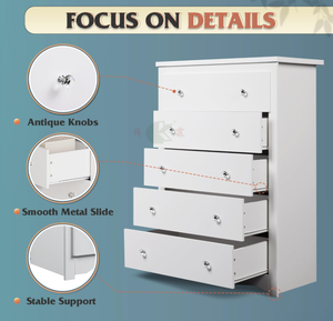 Commode à 5 tiroirs en bois blanc, 45 pouces de haut, commode de rangement <span class=keywords><strong>pour</strong></span> salon et couloir - Product Image 4