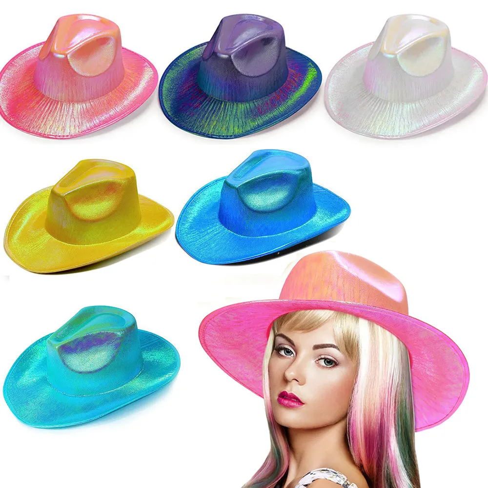 Işıltılı ışık holografik uzay Cowgirl şapka eğlenceli metalik Neon kovboy şapkaları yanıp sönen parti disko kap