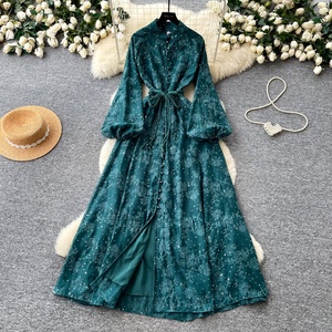Robe longue à manches longues Printemps 2026 avec cordon de serrage à la taille, style français - Product Image 5