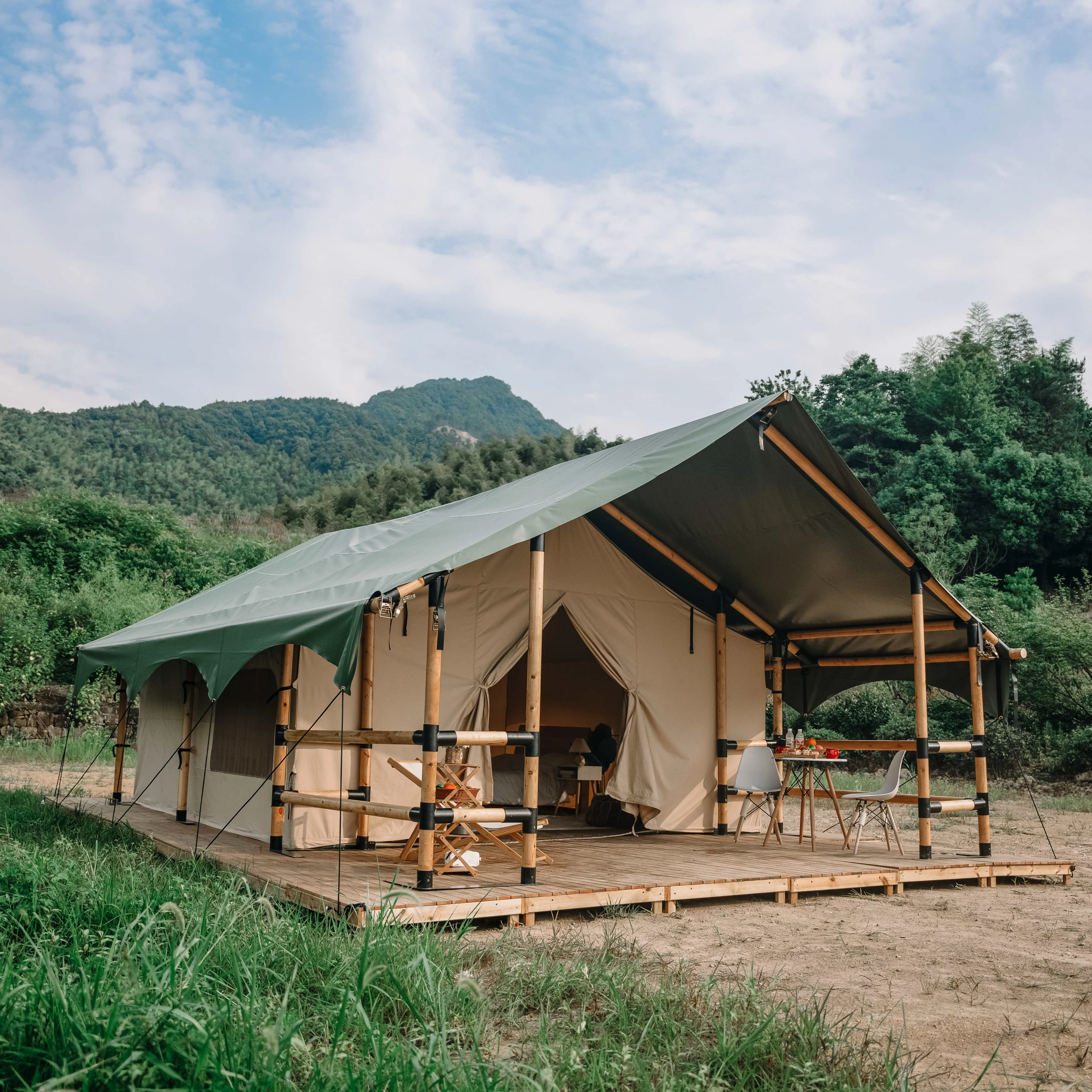 Luxe Waterdichte Outdoor Camping Hotel Resort Tenten Moderne Glamping Safaritent Met Vliegenblad