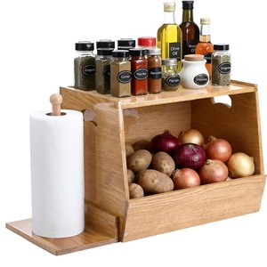Wooden <b>Kitchen</b> Storage Rack With <b>Paper</b> Towel Holder And Spice Shelf For Vegetables Onions Potatoes Multifunctional Countertop - Product Image 1