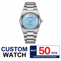 Montre pour homme avec logo personnalisé, grand cadran rond argenté et bleu, mouvement à quartz, acier inoxydable, calendrier, date, semaine, aiguilles lumineuses