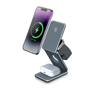 Compact portable magnetic 3 in 1 wireless charger foldable fast charging station aluminum metal stand for iPhone watch earbuds