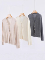 Cardigan en laine 100% à col en V pour femme, tricot fin, court, ample, décontracté, simple, polyvalent, fin, avec boutons