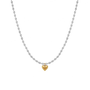 Nouveau Collier en Acier Inoxydable Plaqué Or 18K, Imperméable, Inaltérable, Bicolore, avec Chaîne Perles de Riz et Pendentif Cœur, Vente en Gros - Product Image 1