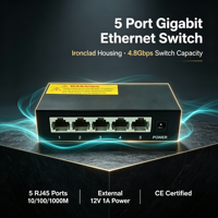Switch de Red Gigabit de 5 Puertos 10/100/1000Mbps, Metálico, de Escritorio, 4.8Gbps, Plug and Play, para Hogar, Oficina, Cámara IP