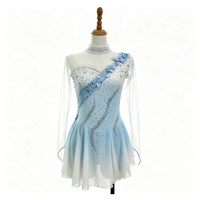 Robe de patinage et de danse dégradé bleu clair et blanc, asymétrique à une épaule, manches longues en maille, strass, pour enfants et adultes, compétition et performance