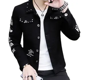 Chaqueta vaquera personalizada de primavera para hombre, chaqueta vaquera rasgada coreana, chaqueta con remaches de chico social, chaqueta negra