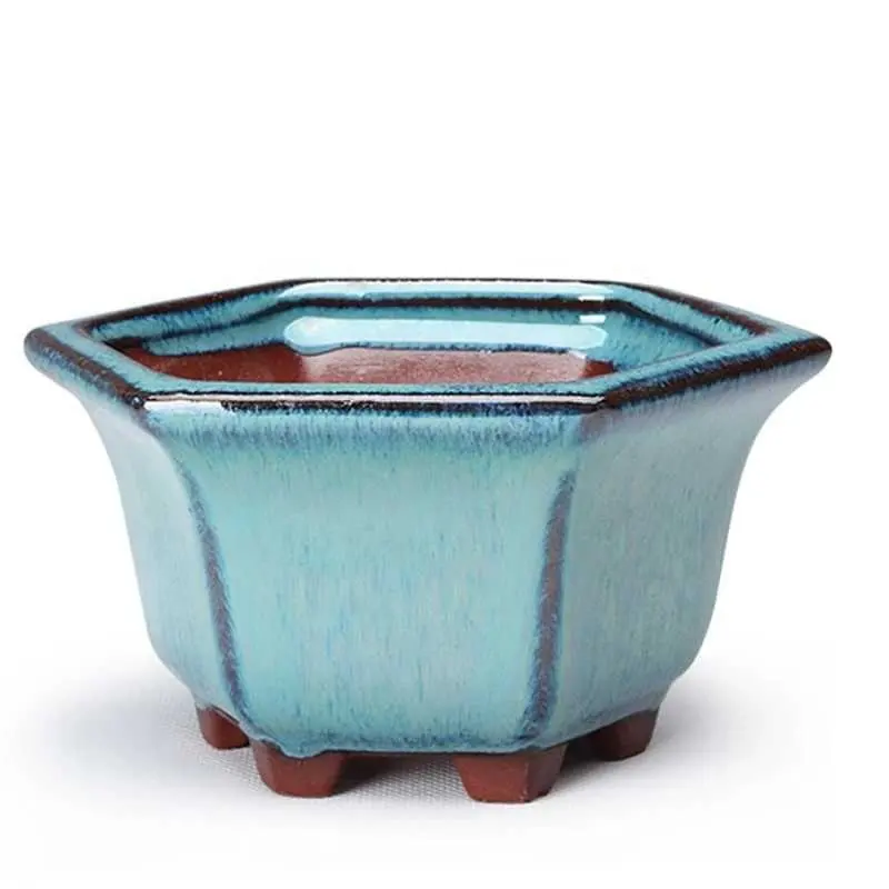 Pottery Flower Pot Bowl Glazed Ceramic Succulent Planter Pot with Hole Polygonal Artistic Ornament for Outdoor Home Garden