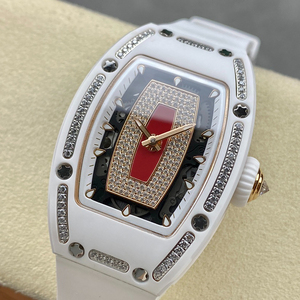 Women's white ceramic mechanical <b>watch</b> with red moissanite-<b>set</b> rubber strap - Product Image 3
