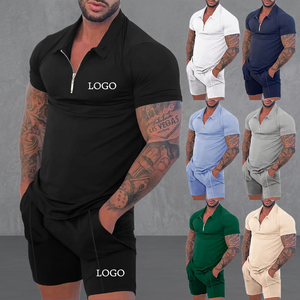 Men's Knitted Polo <b>Shirt</b> & Shorts Set Solid Color Zipper Casual <b>Summer</b> Wear Breathable Cotton Spandex 2-Piece Outfit - Product Image 4