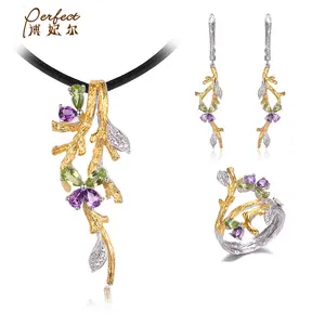 Flower Design Amethyst Peridot Stone 925 Sterling Silver Jewelry Set with Gold Plated