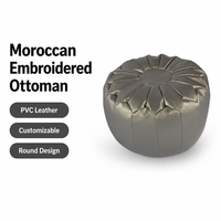 Pouf/tabouret ottoman rond en cuir PVC gris sidéral brodé marocain, fabrication sur mesure professionnelle, fabricants de poufs