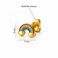 J.J. BRAVO Pendientes de botón de oro amarillo de 14K 585 con esmalte arcoíris, estilo lindo, sin níquel, sin plomo, para niñas, moda infantil, uso diario