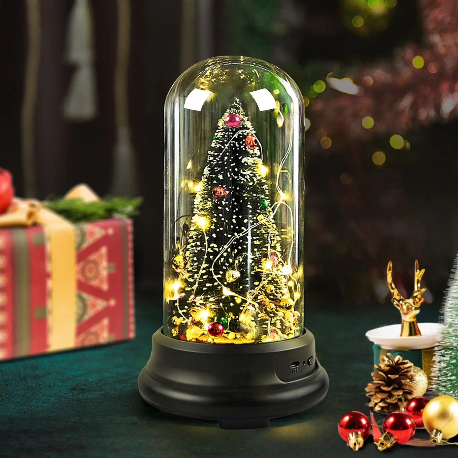 Amazon hot sale christmas motif light table decoration glass small christmas tree ornaments unique gifts for new years