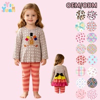 Ensemble de vêtements pour enfants personnalisé OEM avec applique de dinde mignonne, tenue de fête à volants et nœud au dos pour Thanksgiving, vêtements pour fillette, 2 pièces, tenue d'automne