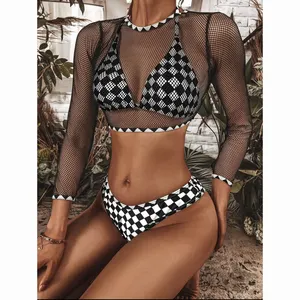 2022 new sexy bikini checkerboard printed mesh three piece swimsuit