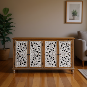 Credenza Moderna in Stile Farmhouse con 4 Ante in Legno Intagliato Floreale per Soggiorno - Product Image 2