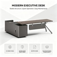 Ensemble de bureau exécutif droit avec pieds en métal, MDF E1, grain de bois thermoformé, barre lumineuse LED RGB, serrure à code, mobilier moderne