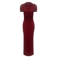 Robe de soirée vintage tissée de luxe léger avec col montant, taille naturelle et plis, longueur maxi pour les soirées d'été
