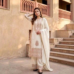 Ensemble Palazzo 2 Pièces en Georgette Brodé pour Femme, Haut Anarkali à Manches Longues avec Dupatta, Tenue Ample - Product Image 1