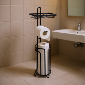 Étagère de salle de bain avec porte-papier toilette, design moderne et minimaliste, autoportante, en métal, rectangulaire, noir, style A - Product Image 2