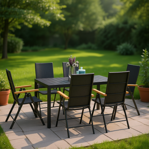 Conjunto de Comedor de Ratán Sintético y Aluminio WPC Negro y Marrón, 6 Plazas, Plegable, Muebles de Jardín para Exteriores, Estilo Contemporáneo - Product Image 2