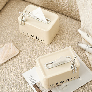 Caja de pañuelos Uforu, cuadrada, color blanco cremoso, con mecanismo de resorte, multiusos, para sala de estar y baño - Product Image 2