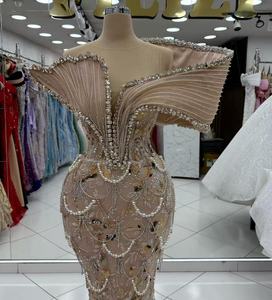 Abiti da Cerimonia Personalizzati 2026, Vestito da Sposa a Sirena con Perline Oro Champagne, Abito da Occasione con Spalle Scoperte - Product Image 4