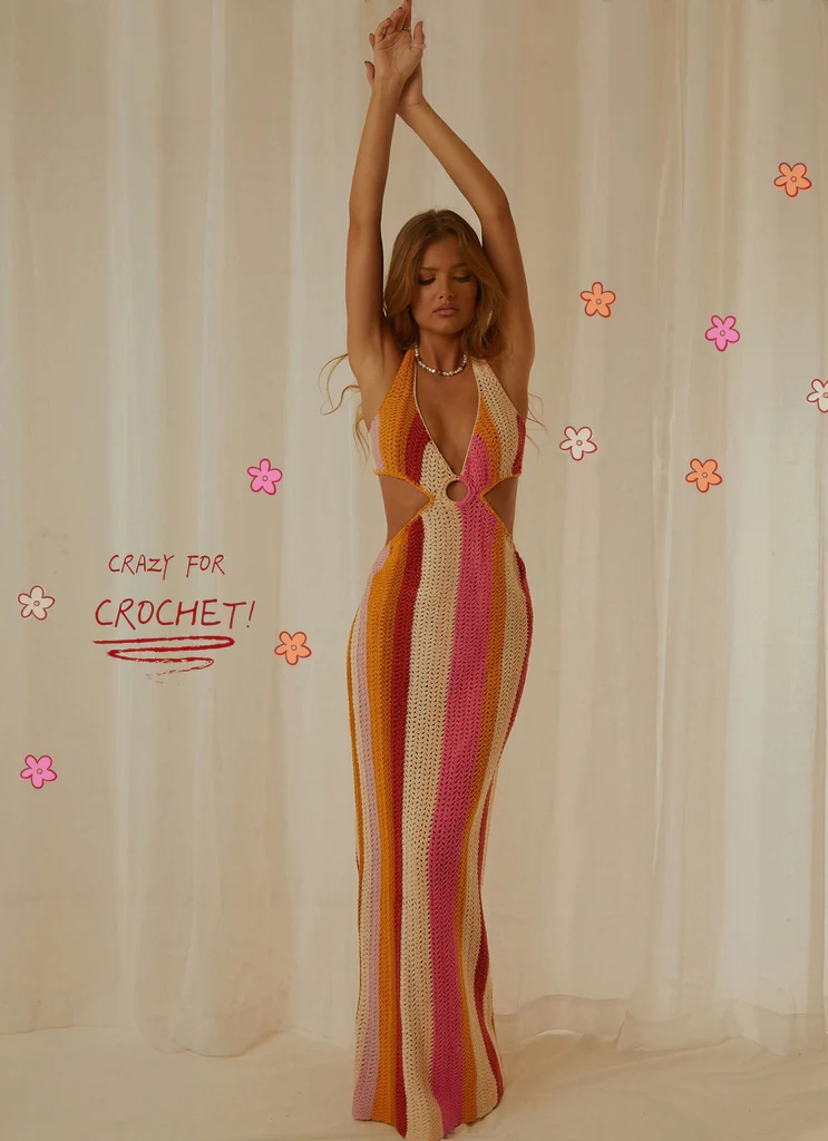 OEM Custom Crochet Knit Bodycon Pencil Maxi Dress Summer Casual V-Neckline  Backless Design with Striped Print Pattern| Alibaba.com