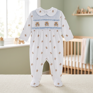 Mono de bebé clásico con volantes, 100% algodón, con pies, estampado de oso de peluche, manga larga para niños, venta al por mayor - Product Image 2