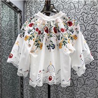 Top qualité nouveau Designer Blouse chemise 2025 automne femmes manches chauve-souris luxueux broderie Floral ample blanc bleu Blouses