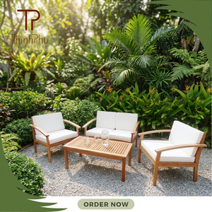 Contemporary Outdoor <b>Wood</b> <b>Sofa</b> Set with White Cushions for Garden Patio Furniture - Product Image 3